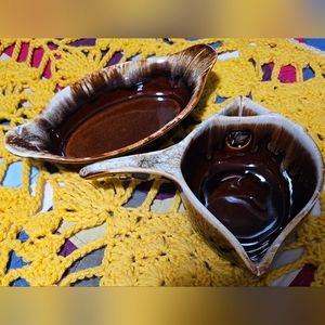 2PC Vintage Pfaltzgraff Gourmet Brown Drip Glaze Gravy Boat & Oval Dish